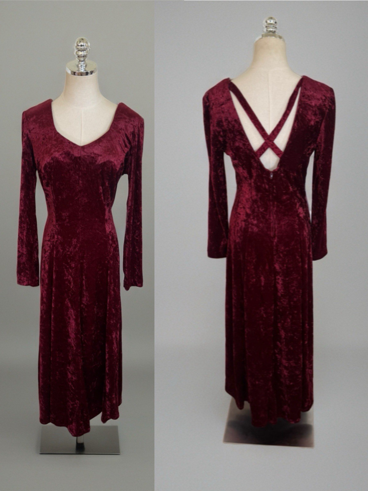 Vintage 80s Molly Malloy Size 8 Crushed Velvet Maroon Red Midi Dress Open Back
