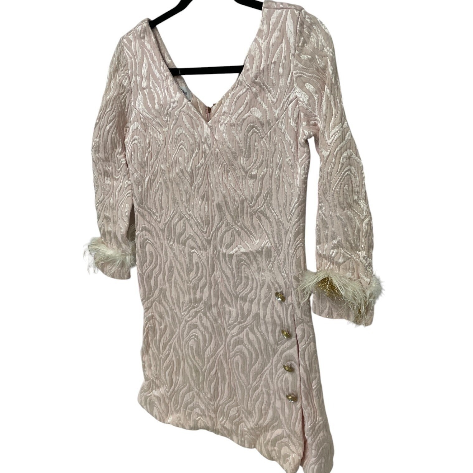 Vtg 60s Feather Cuff Brocade MOD Mini Cocktail Dress Buttons Small MCM Madmen