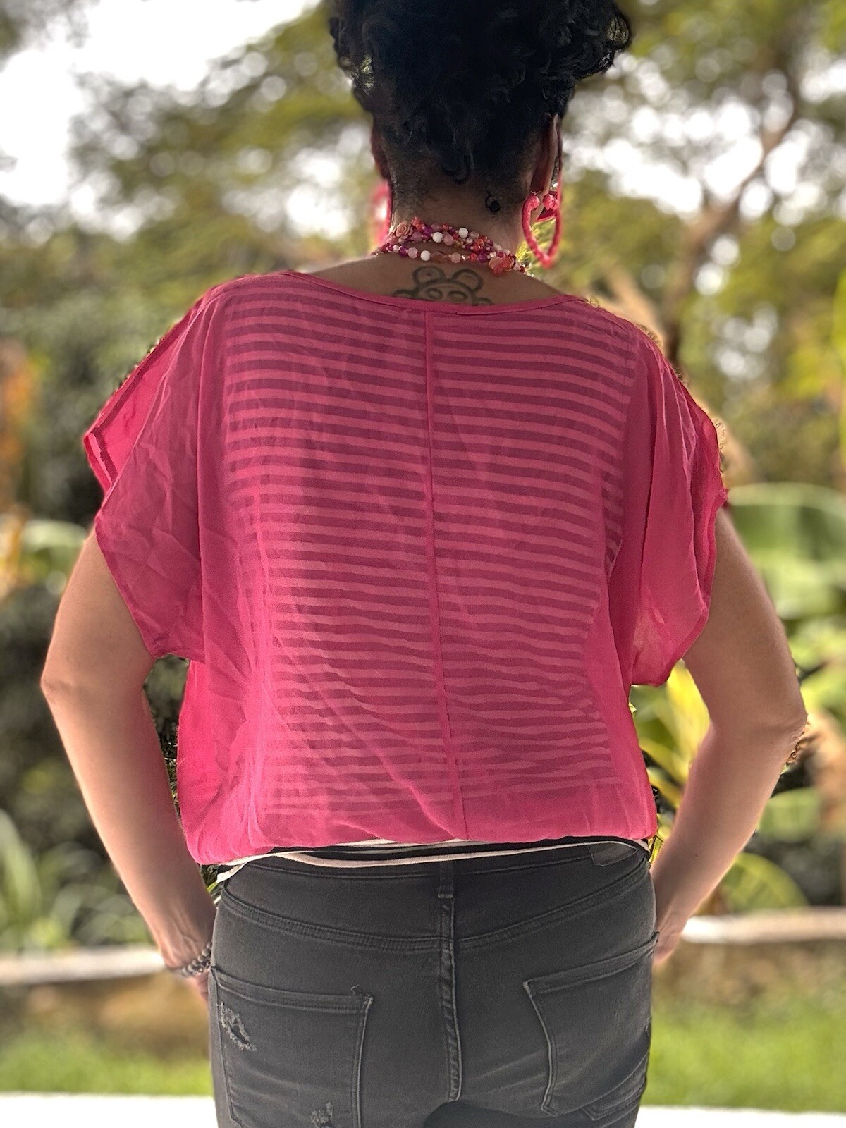 Vintage 90 I.N. Studio Woman Black-and-white stripes pink Sheer Ladder Top SZ M
