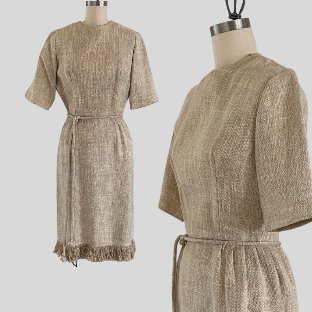 Vintage 60s 1960s Carol Craig Dress Beige Fringe Wiggle Bombshell