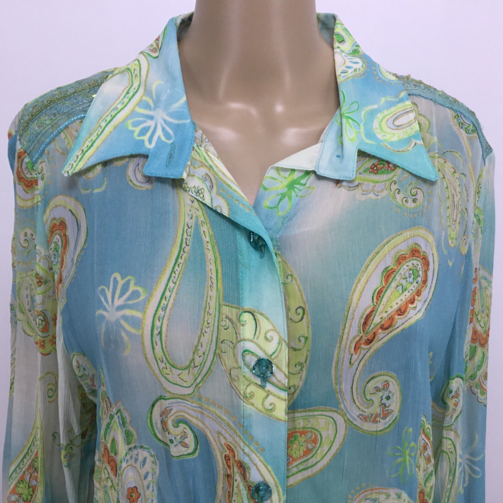 Vintage XL Beach Cover Up Shirt Sea Suns Rayon Crepe Sheer Embellished Sequins