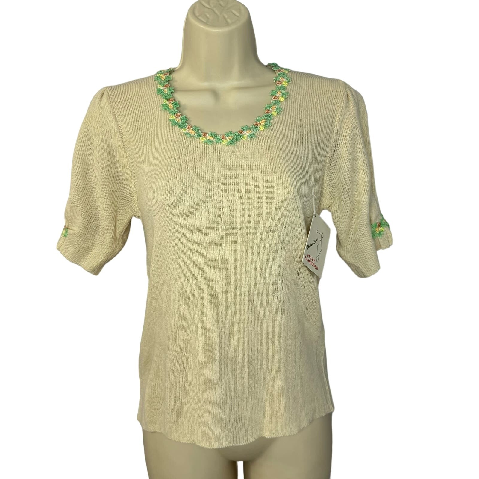 Helen Sue Vtg 70s Knit Sweater Blouse Flower Aplique Stretch Cream Deadstock