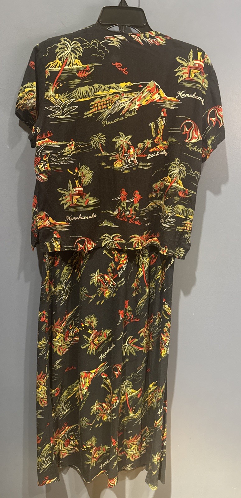 VTG Hilo Hattie Hawaiian Floral Long Tank Maxi Dress & Shirt Jacket Black Tropic