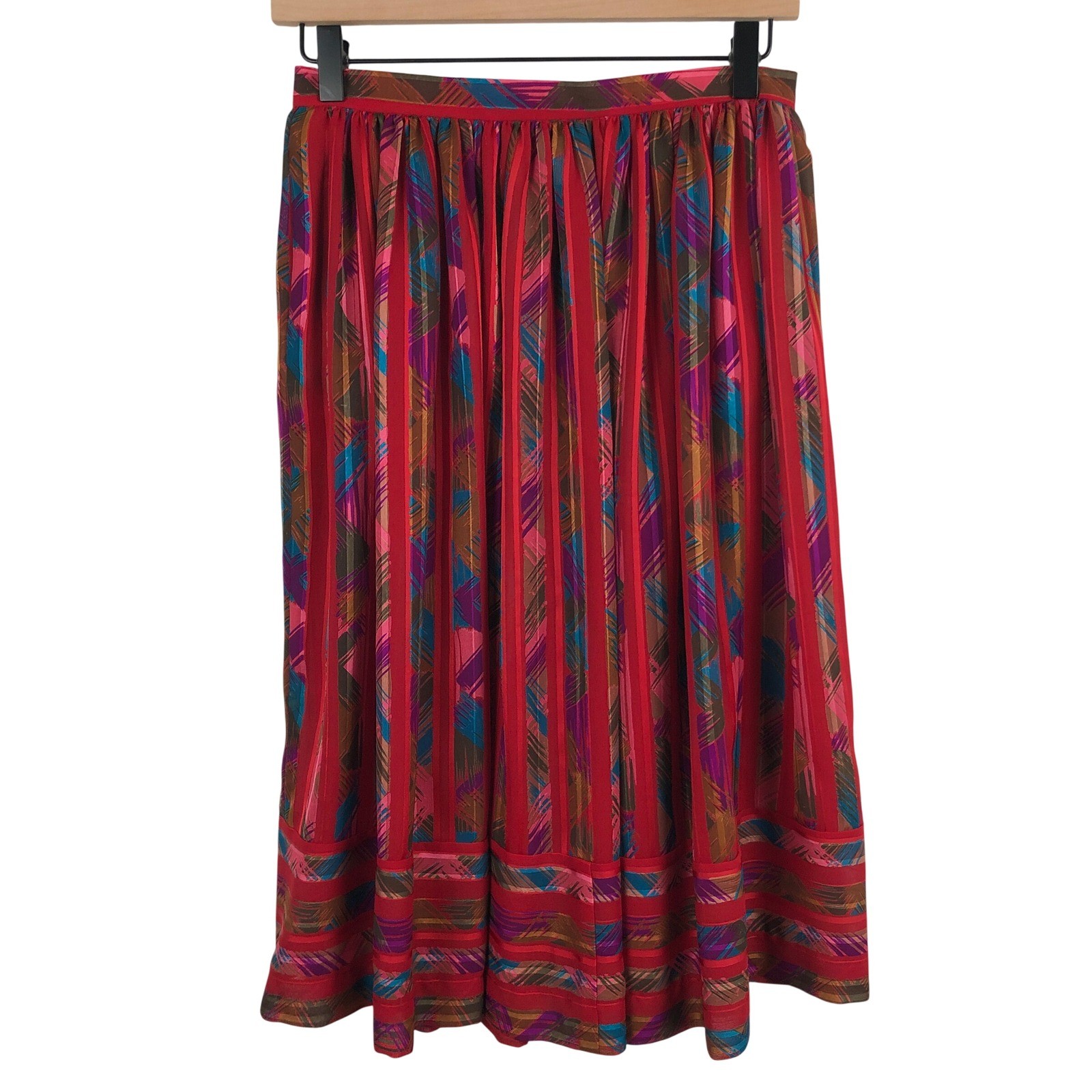 VTG Lilli Ann Adolph Schuman Abstract Geometric Midi Skirt 27W Red Pockets USA