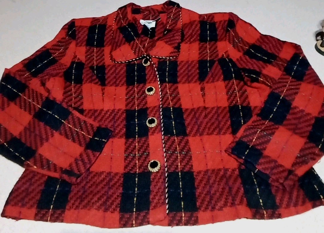 Vintage 80s Lindsey Scott Red Plaid Knit Blazer Sweater Women’s Sz 16 USA MADE