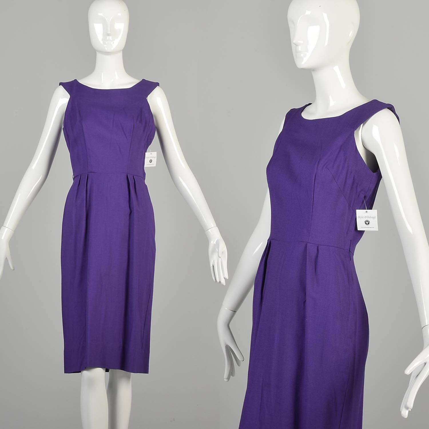 XS/Small 1950s Wiggle Dress Sleeveless Knee Length Purple Day Dress Classic