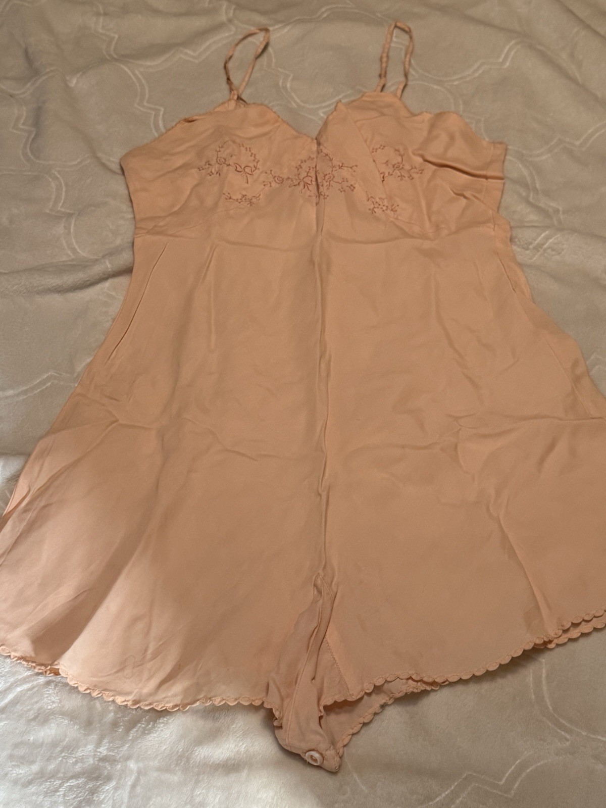 Antique Vtg 1930s Peach Pink Silk Teddy Step-In Embroidered Lingerie Bias Cut