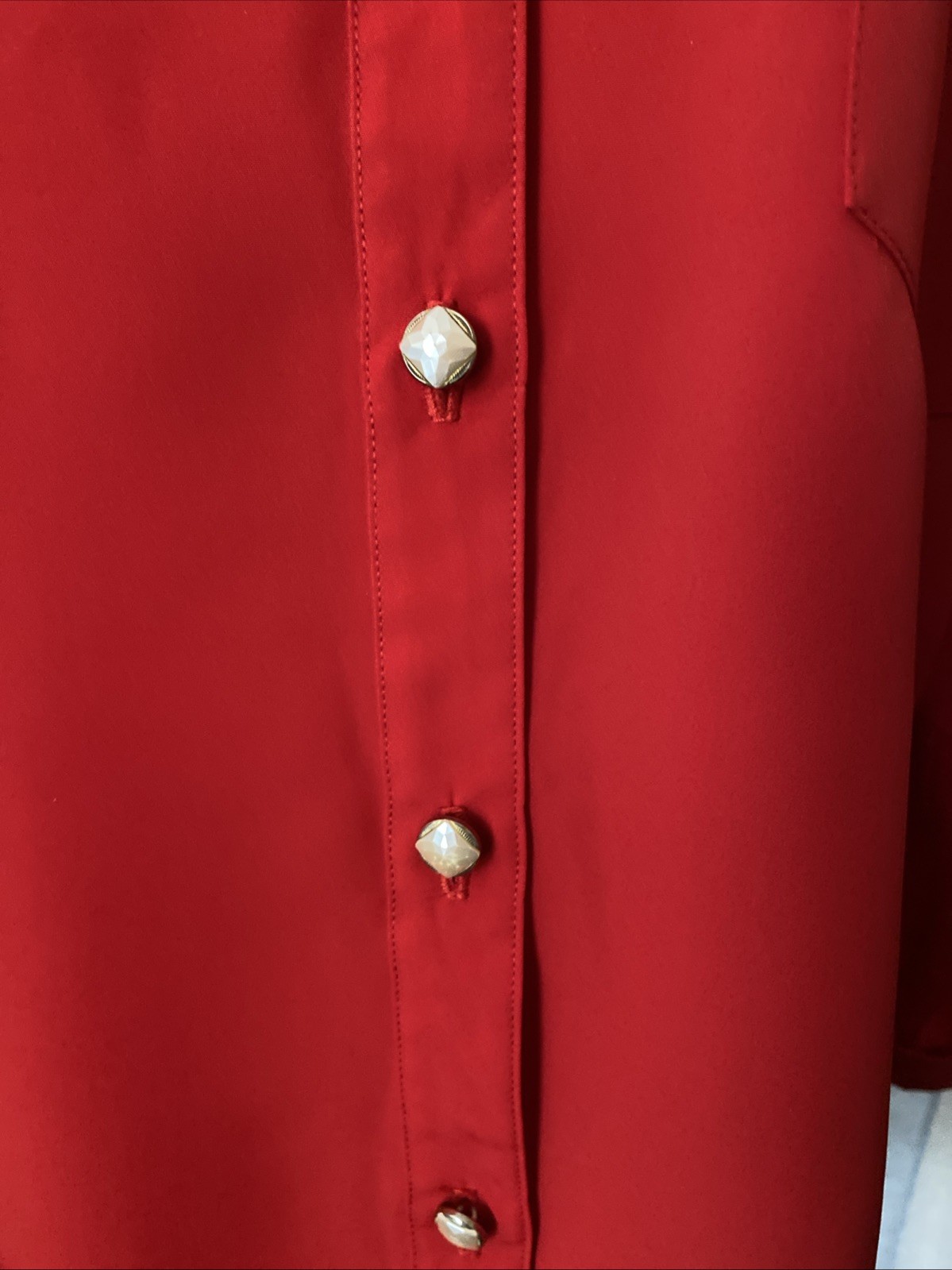 Seville VTG 80s Wom 10 Red Satin Blouse Beaded w/Trims 3/4 Cuff Sleeves GORGEOUS