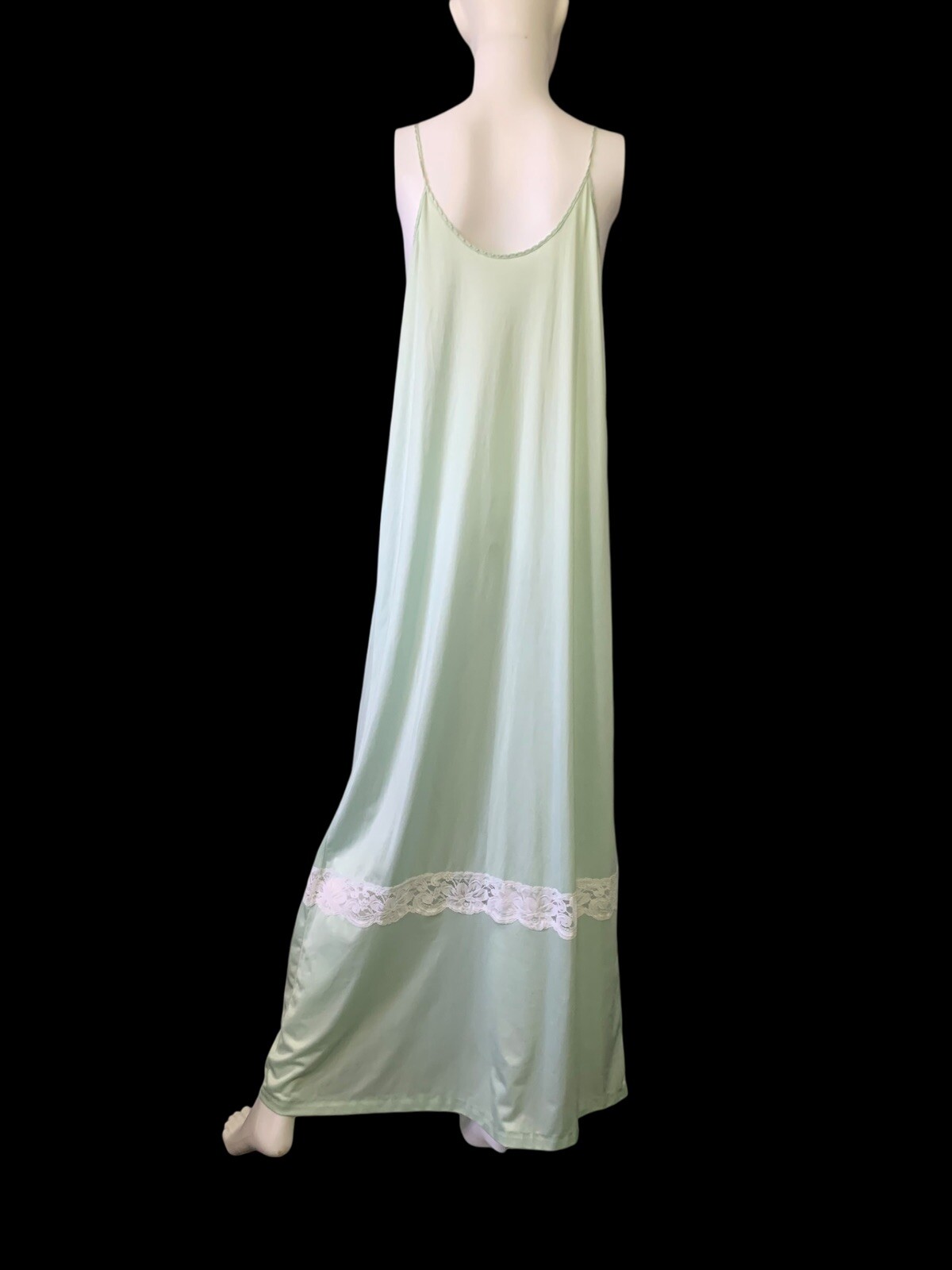 VTG Rene Nylon Nightgown Slip Dress Retro Mod Lace 70s Green Rope Nightie Gown