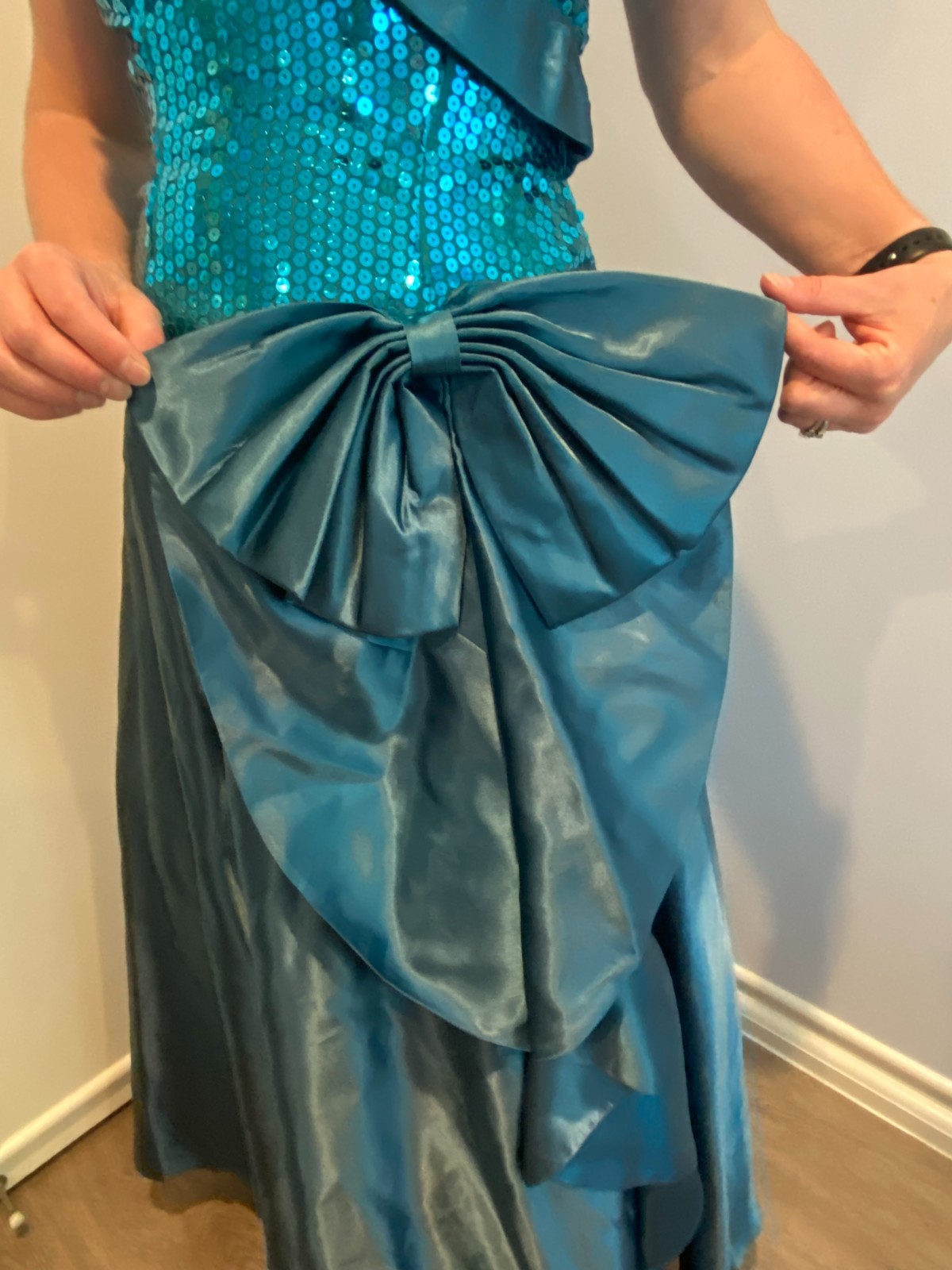 Stunning Vintage 80s Prom Dress Teal Sequin and satin with black crinoline