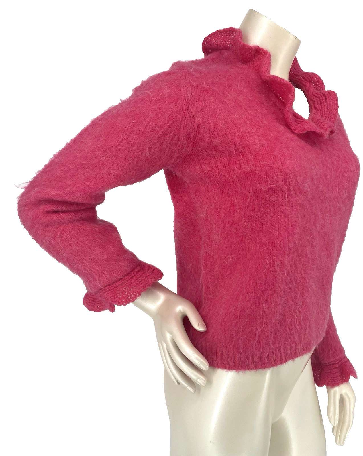 Vintage 50s 60s Pink Fuzzy Mohair Blend Crochet Ruffles Pin Up Sweater sm/md