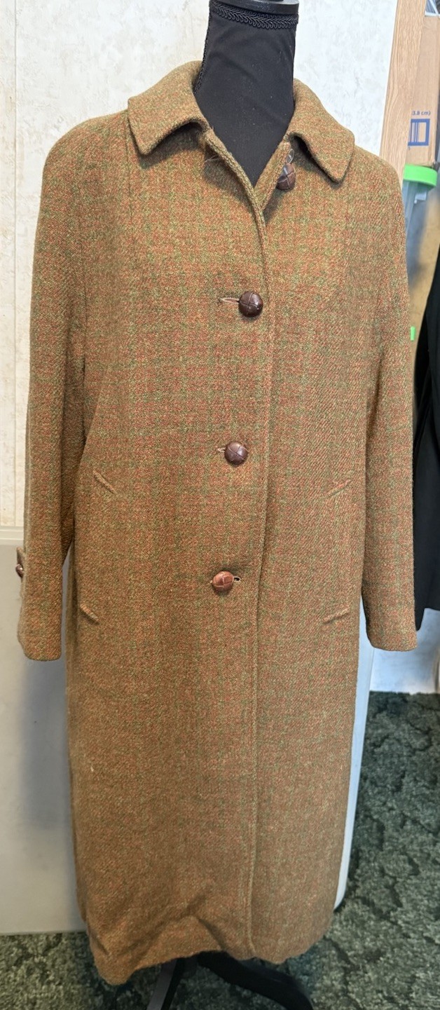 Vintage 60s 70s Harris Tweed Coat Brown Green Scottish Wool Overcoat Ladies S/M