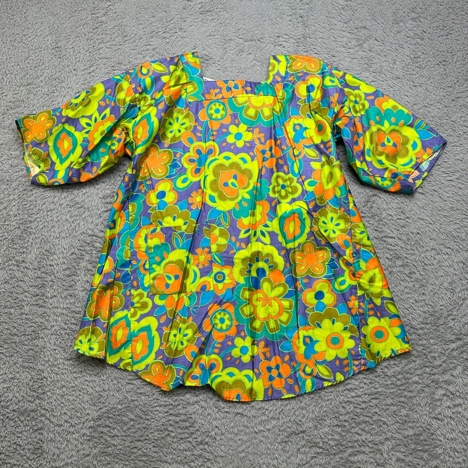 Vintage 60/70s Smock Shirt Womens M Green Groovy Mod Flower Psychedelic Top