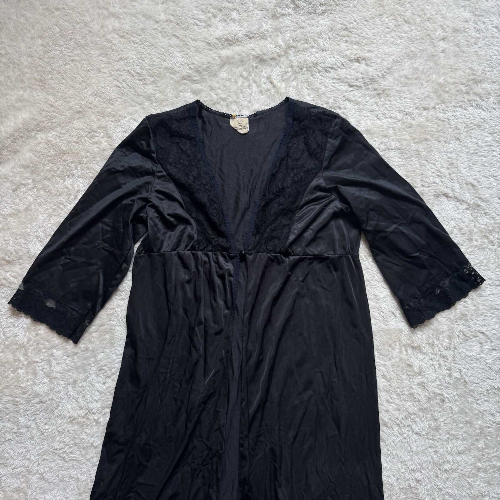 Taryn Alexander Vintage Black Long Lace Trim Nylon Nightgown Robe. Sz M