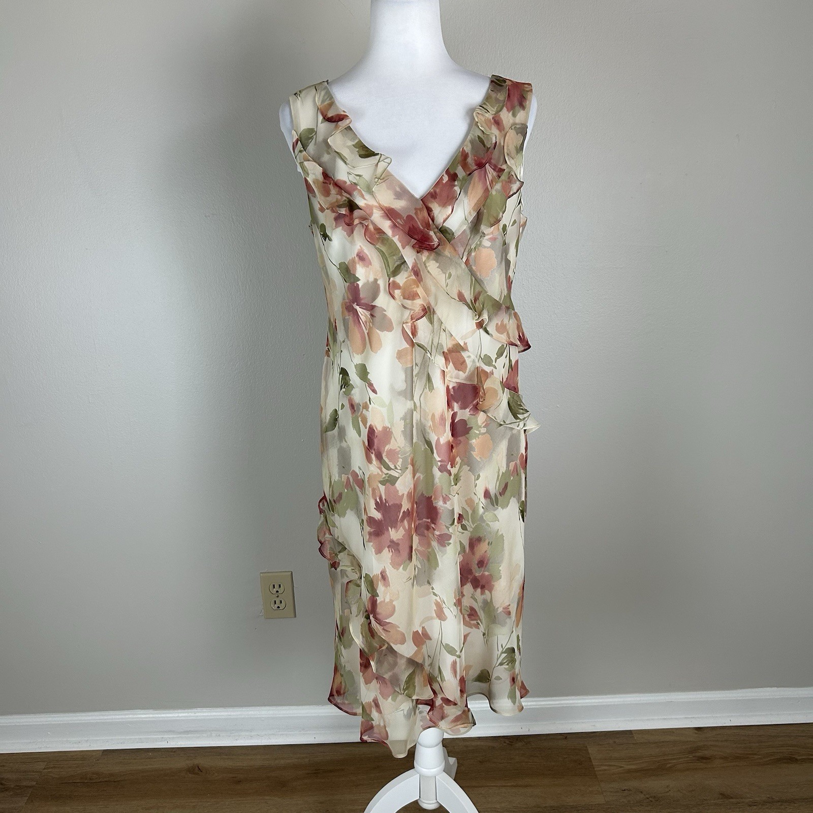 Vintage 90s Large Dress Midi Floral Ruffle Cottagecore Layered Chiffon Coquette