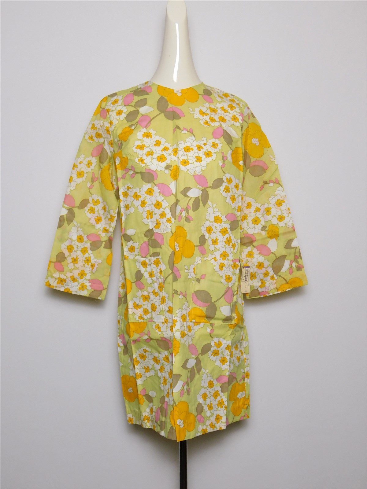 NOS Vtg EJ Korvette 1960s Lemon Yellow Floral Cotton Blend Shift Dress 15/16 MOD