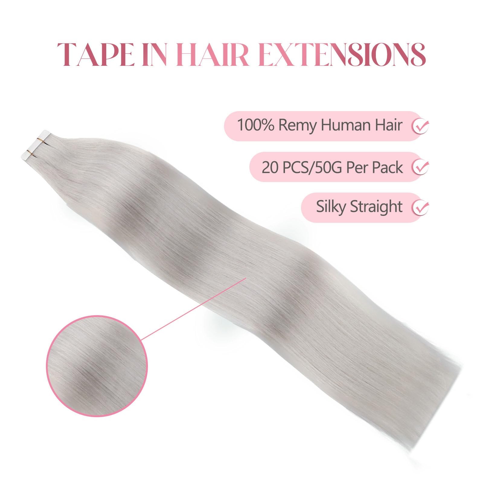 Sixstarhair Remy Human Hair Tape-in Extensions Silver Gray Silky Straight