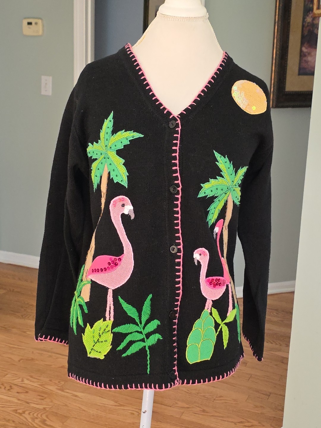 90s Vintage The Quacker Factory Embroidered Beaded Flamingo Cardigan Womens s