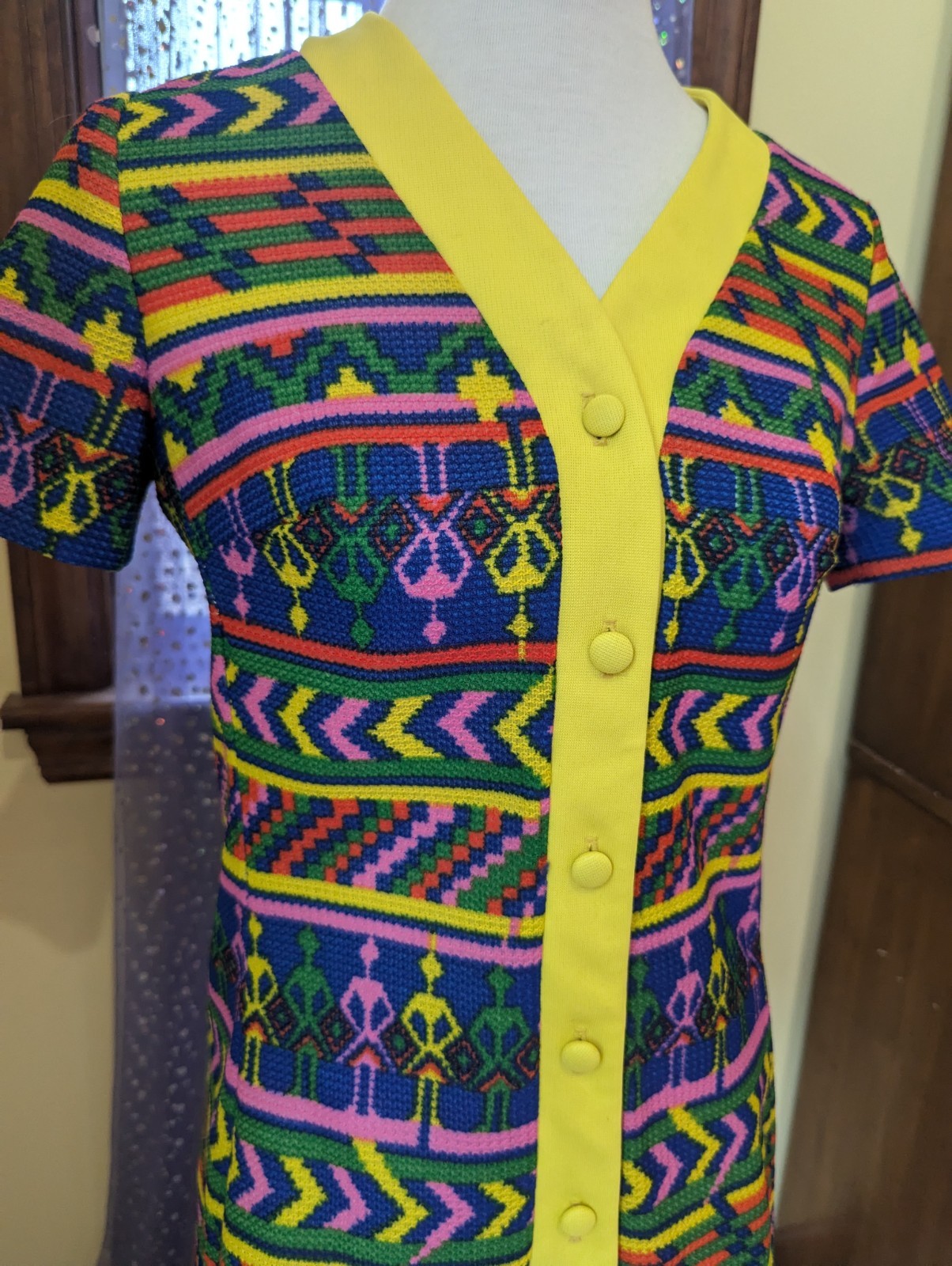 Vintage 70’s Hippie Funky Novelty Neon Rainbow Yellow Poly Tunic Top Size S/M