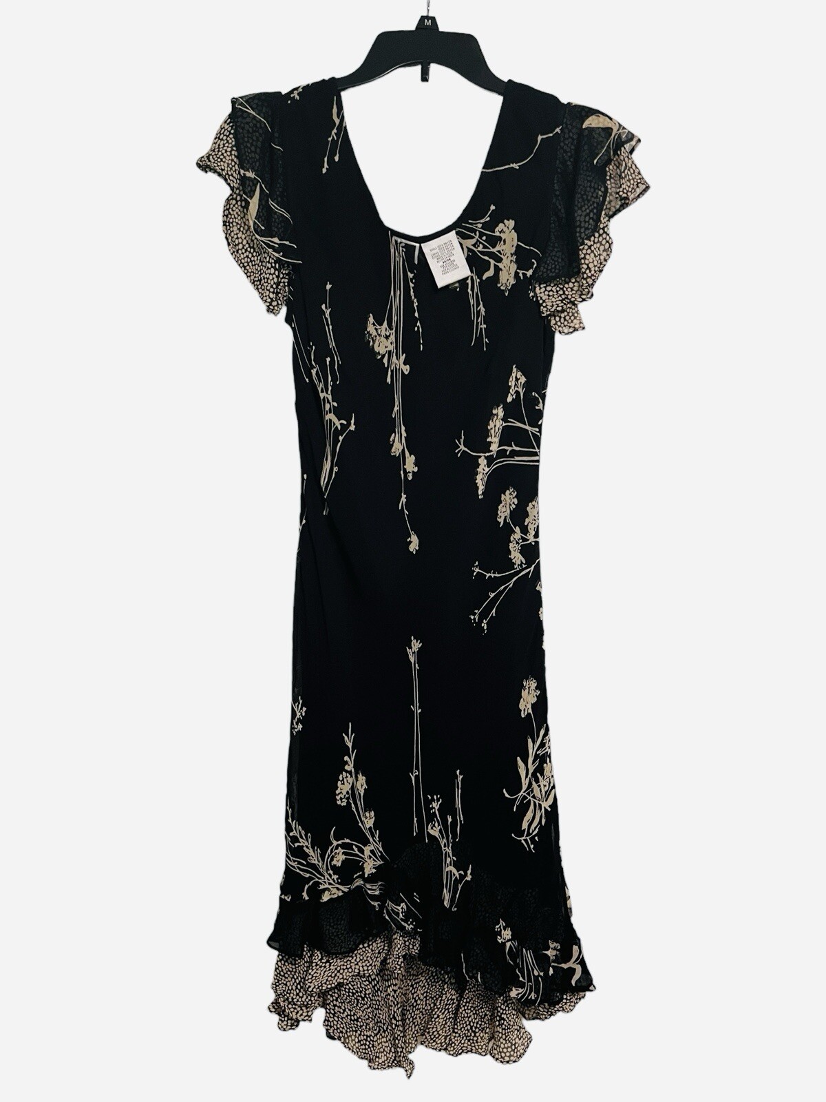 Vintage Phool 1990s Ruffle Sleeve Black Floral Dress Size Medium