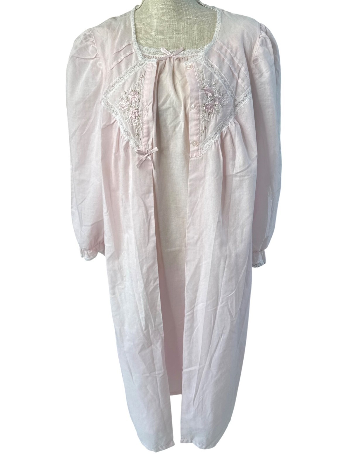 Vintage Cachet Cotton Pink Lace Embroidered Nightgown/Robe Set L 16-18