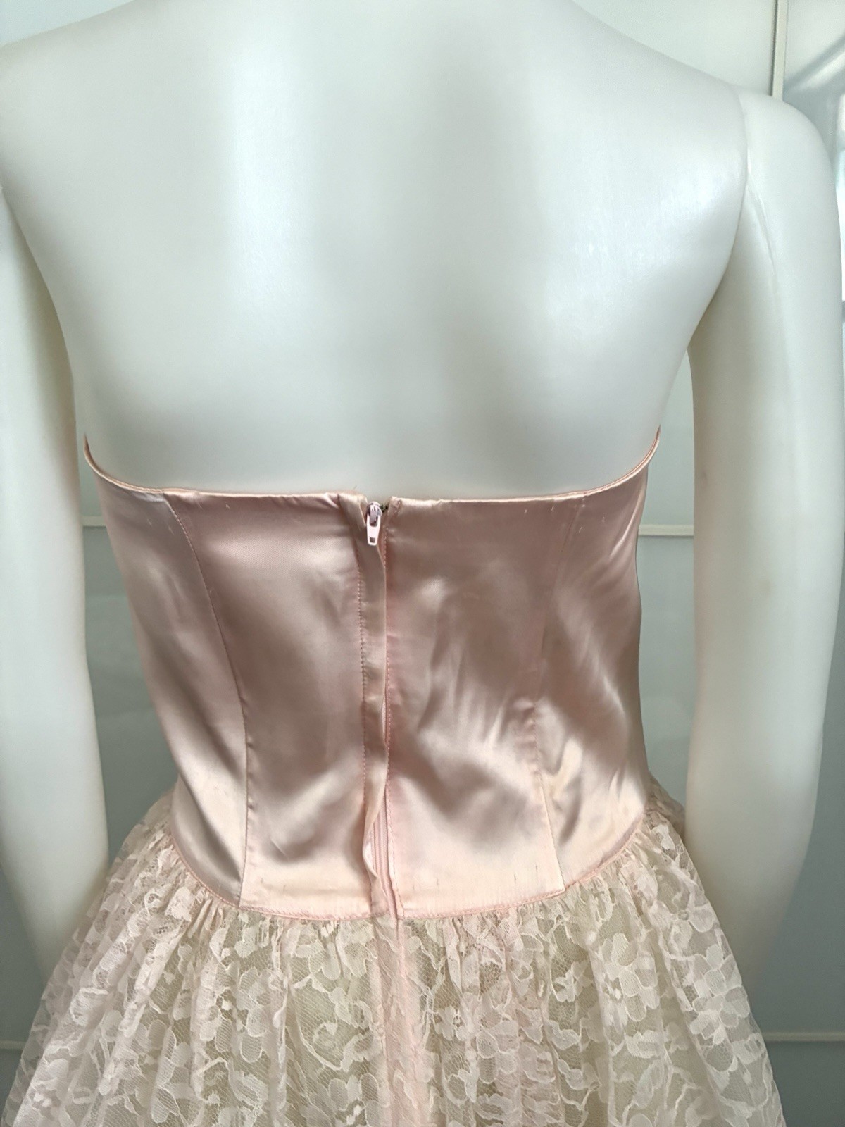 Vintage 80s Does 50s Gunne Sax Pink Satin Lace Strapless Dress with Sequins M