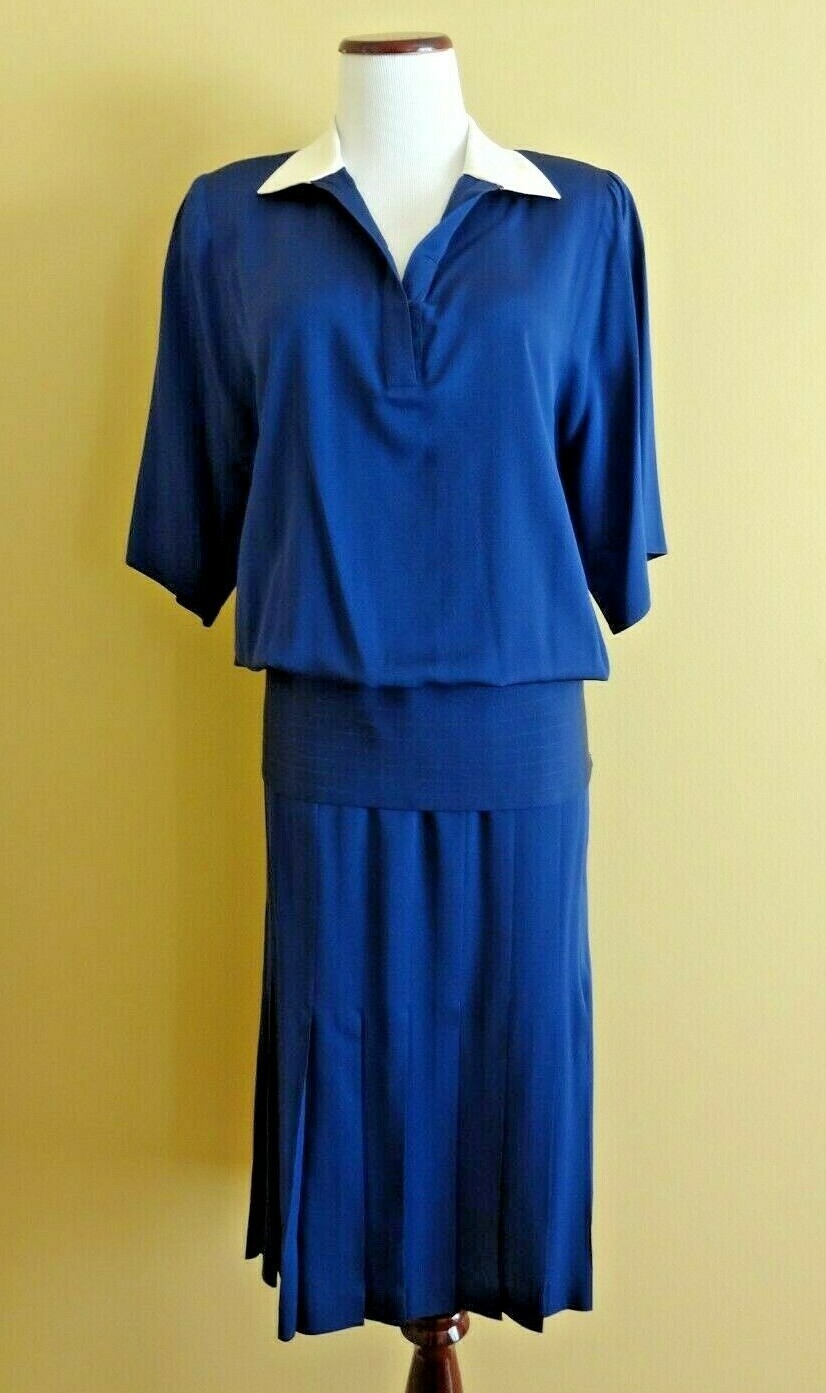 Vintage Kevan Hall Couture Navy Silk 2 Piece: Blouse size 6 & Skirt size 8, Set