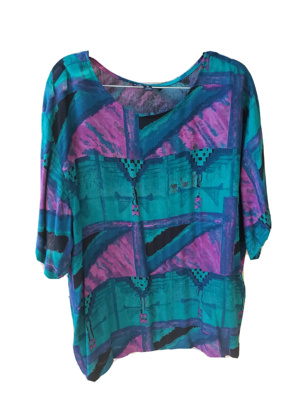 VTG 90s Karen Kane Sz 16 Multicolor Artsy Print S/S Rayon Tunic Top Shirt USA