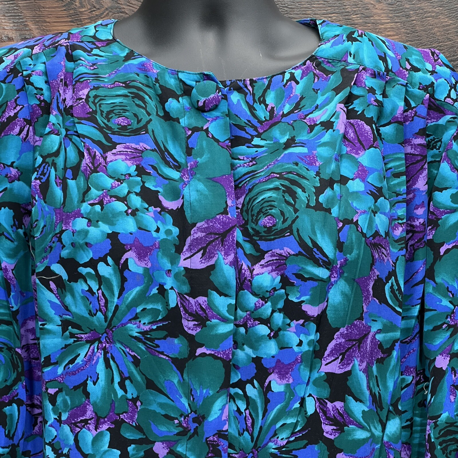 Sally III Vgt Dress 1980 Size 24 Black Teal Purple Floral Rayon Button Front