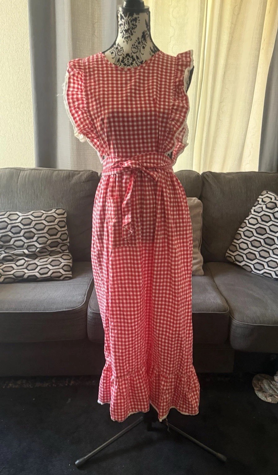 Vintage 70s Red White Checkered Apron Bib Dress