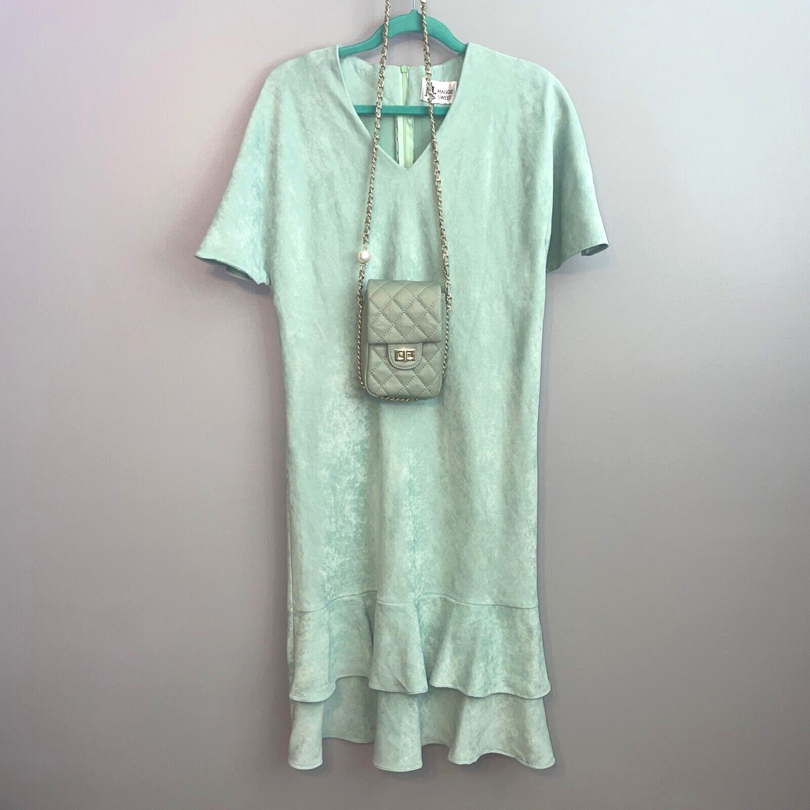 EUC Vintage 80’s Maggie Sweet Dress Midi Mint Seafoam Green Purse Women’s Medium