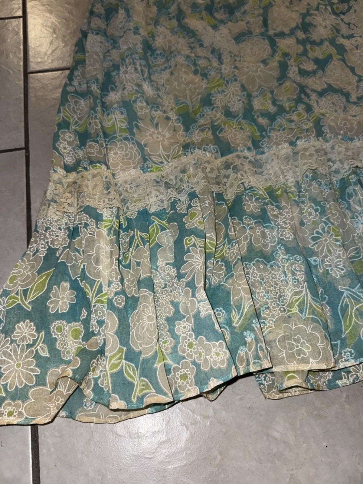 Vtg 1970s Maxi Prairie Dress Blue Floral Lace Victorian Cottage-core 60s Size XS