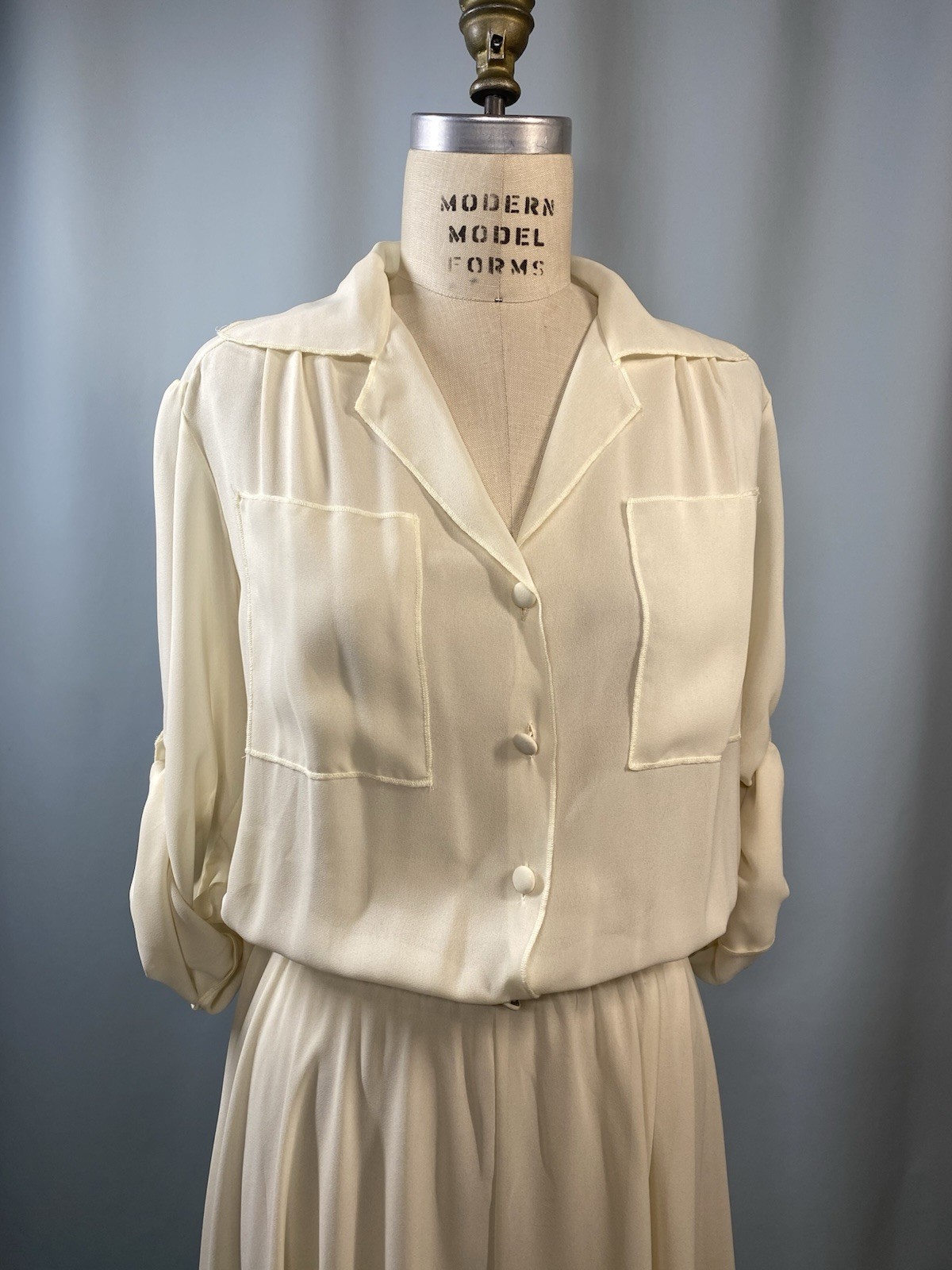Vintage Dress SIZE 11/12 LARGE ivory white georgette chiffon DIDA 70s 80s sheer