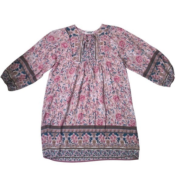 Boho Floral Babydoll Peasant Tunic Pink Flowy Mini Dress Romantic Folk Style M/L