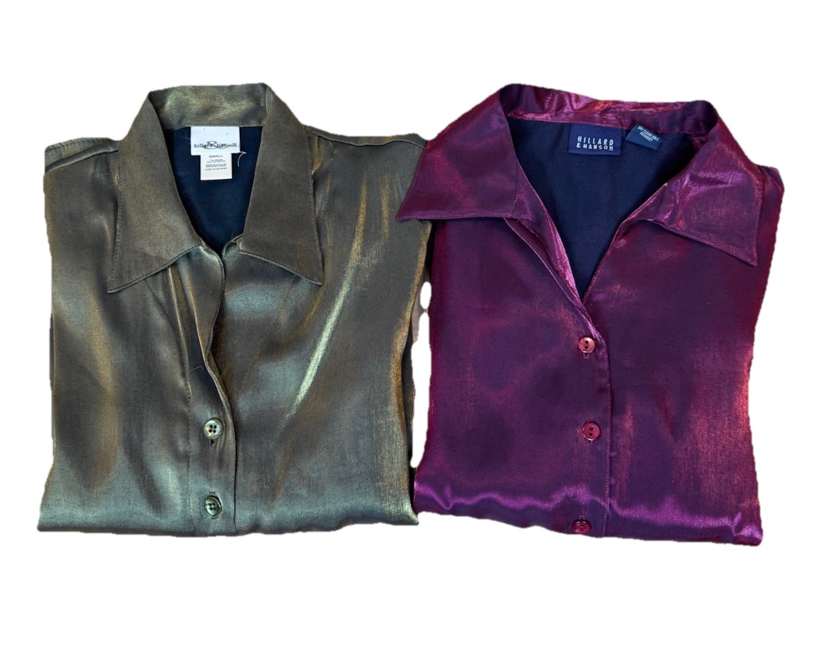 VTG Lot Of 2 Hillard & Hanson Metallic Green Red Button Shirt Blouse Women’s S
