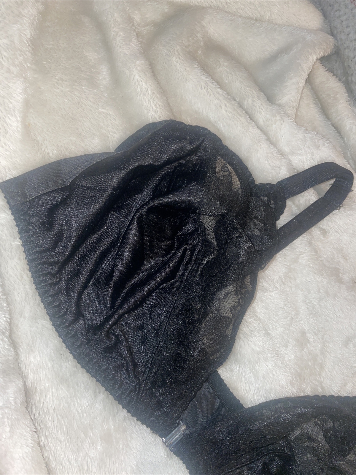 UNLINED WIRE FREE SILKY NYLON FRONT CLOSURE 90s SILKY BLACK BRA USA 42D