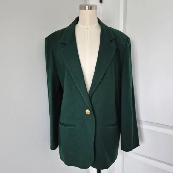 Womens Vtg SAVANNAH Emerald Green Wool Single-Breasted Boyfriend Blazer Sz 12