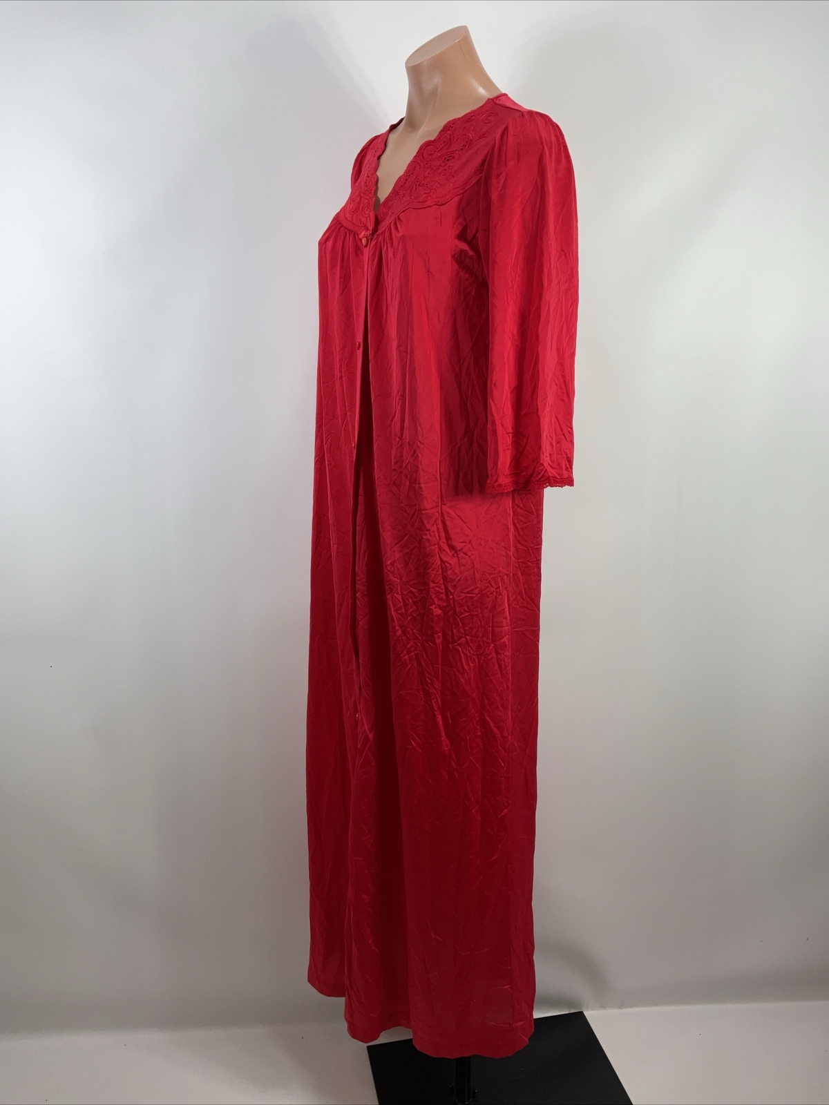Vintage Shadowline ruby garnet red lace nylon robe negligee peignoir elegant S
