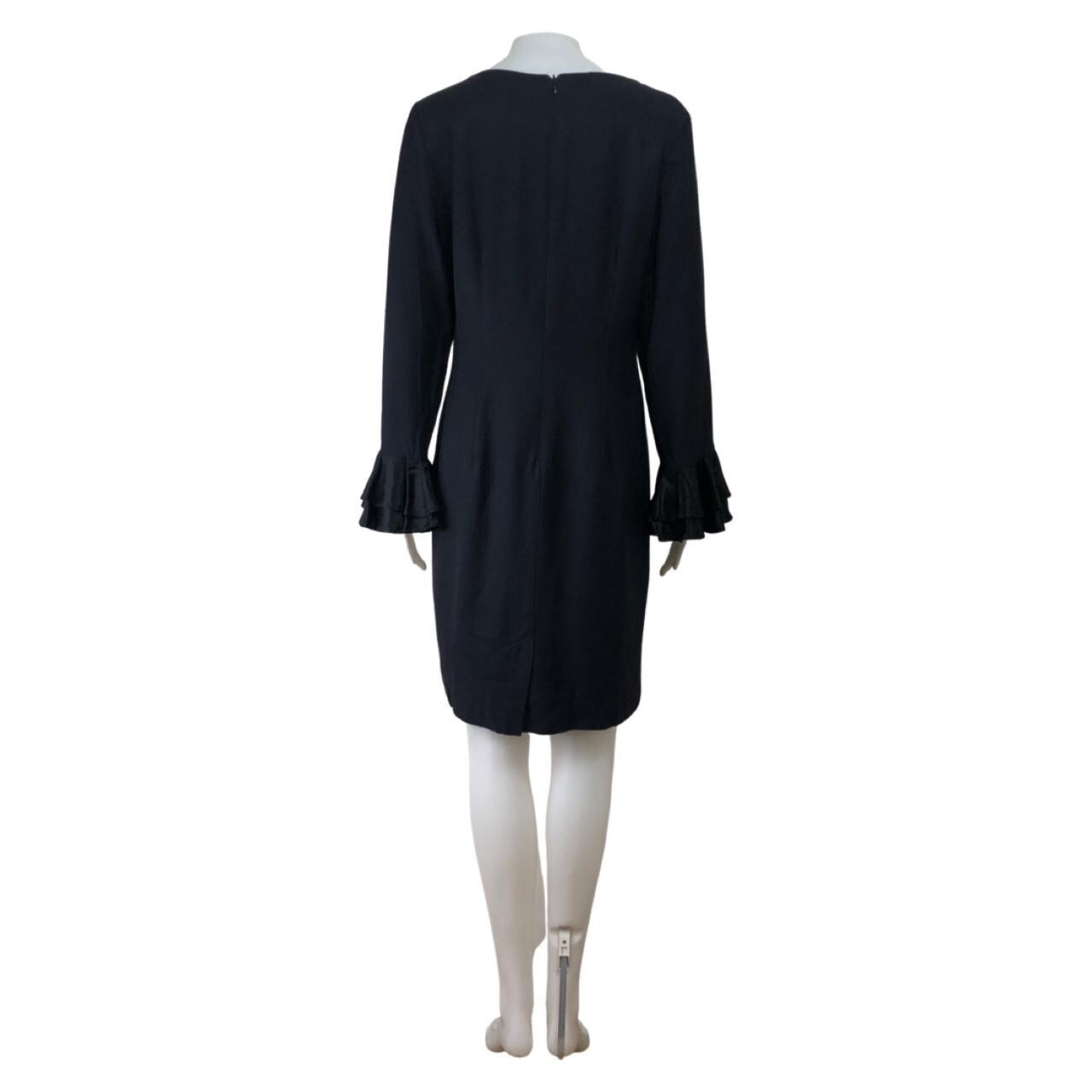 Vintage Black Cocktail Dress Size Medium 1990s Crepe Sheath with Ruffle Cuffs