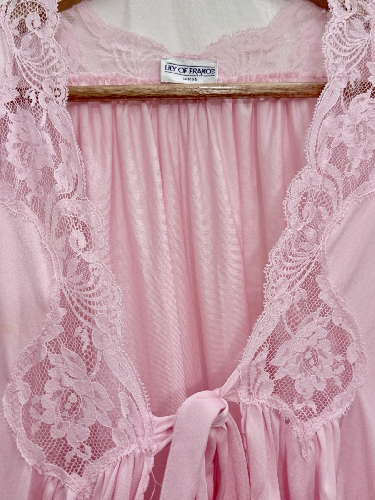 VTG 70s Lily of France Rose Pink Peignoir Robe Lace Dolman Sleeve L Lingerie EUC