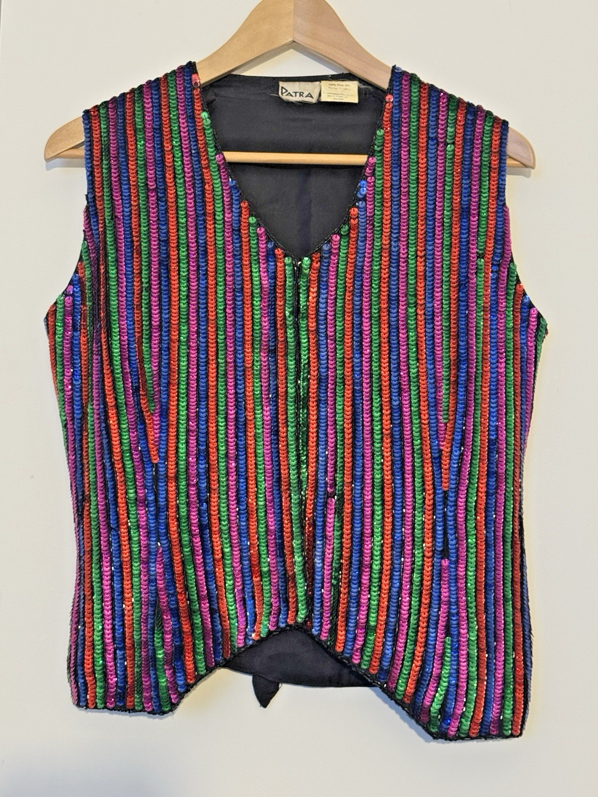 VTG Patra 80’s 100% Silk Rainbow Sequin Vest S NYE Cocktail Party Mardi Gras