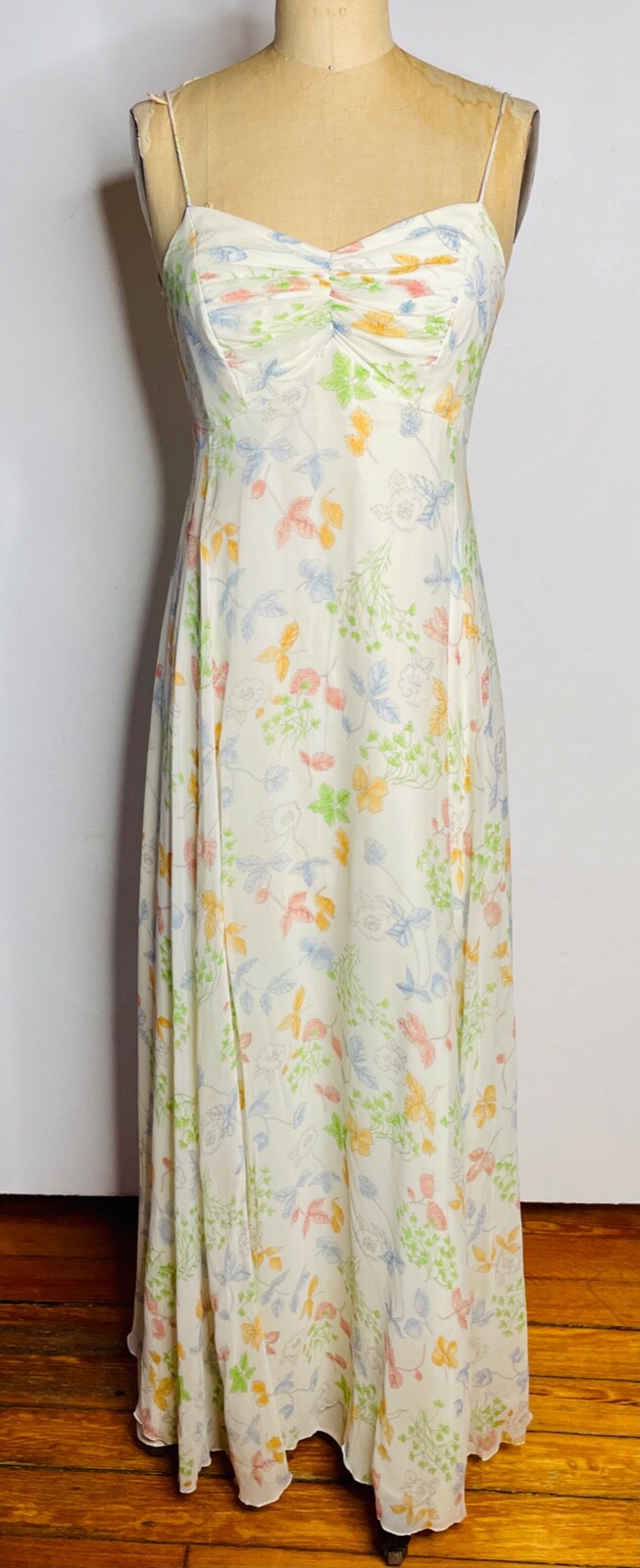 VTG 70’S IVORY BOHO DISCO FLORAL GARDEN PRINT CHIFFON MAXI DRESS GOWN*XS/S