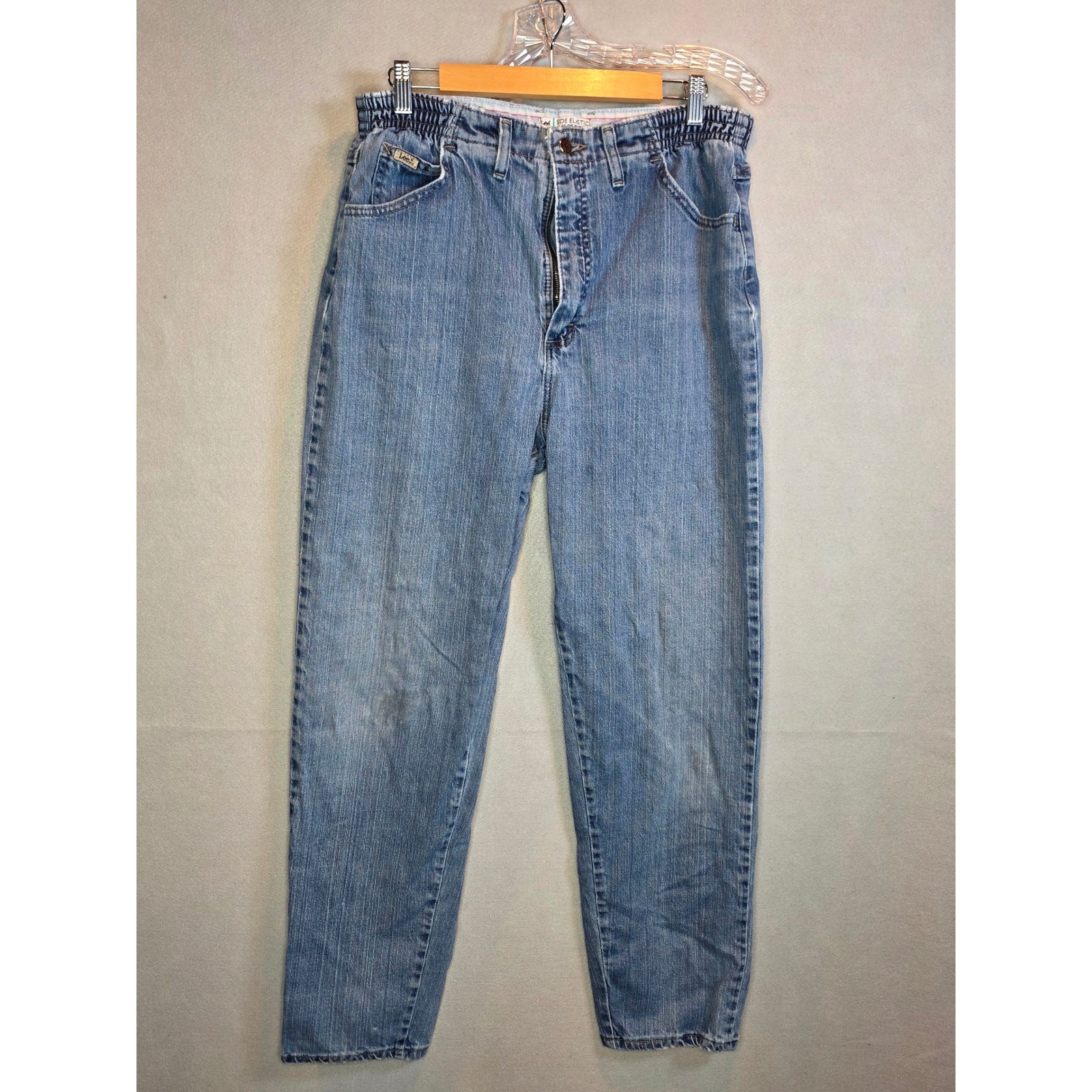 Lee Side Elastic High Waist Tapered Leg Jeans Medium Wash Blue Vintage 14 Long