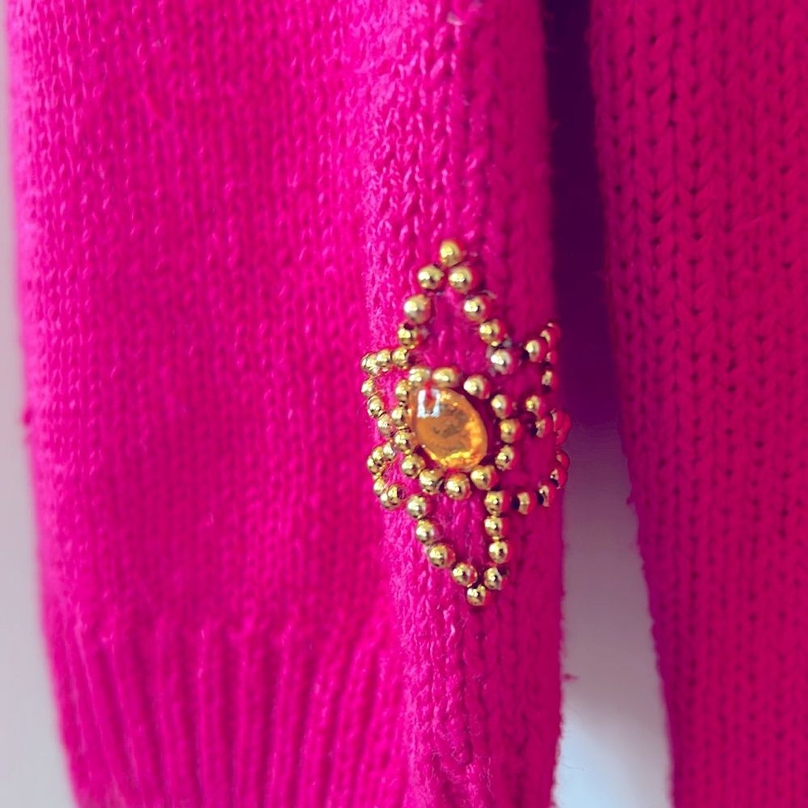 Vintage bright pink cotton/ramie sweater with beads and rhinestones – size L