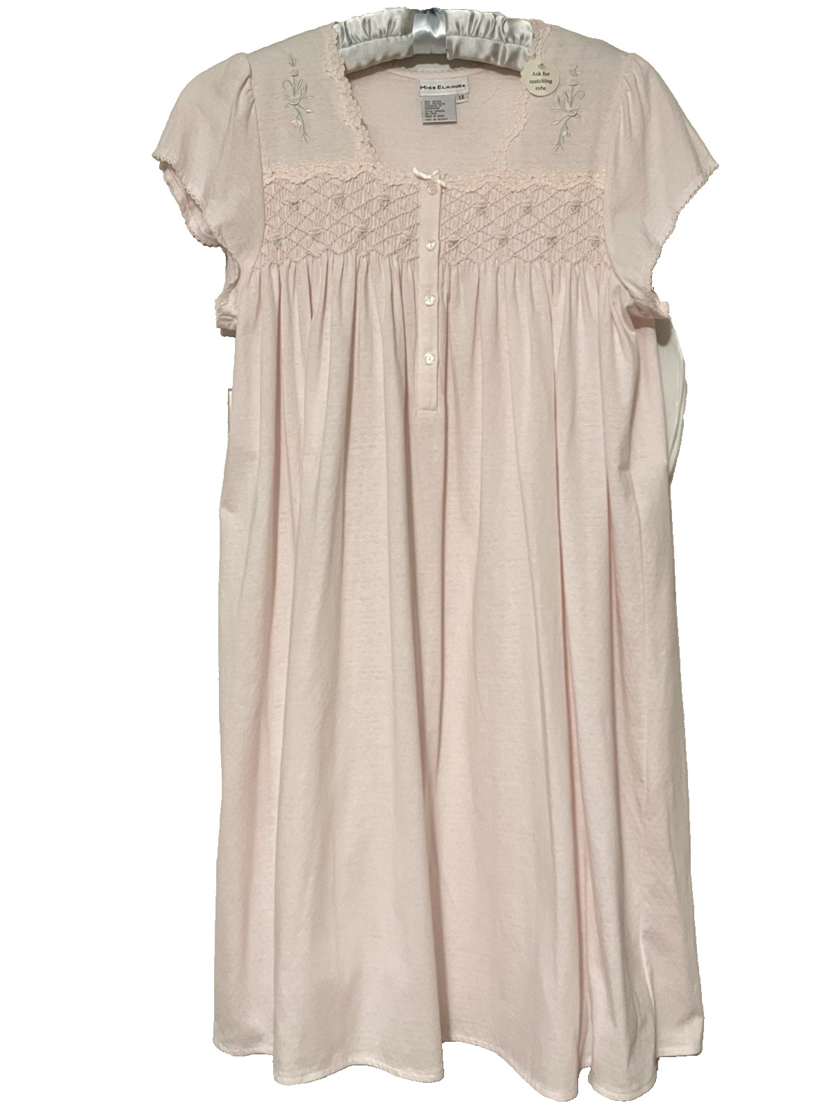 Vintage NWT Miss Elaine Plus Size Pink Nightgown w/Lace & Embroidery Trim Sz 1X