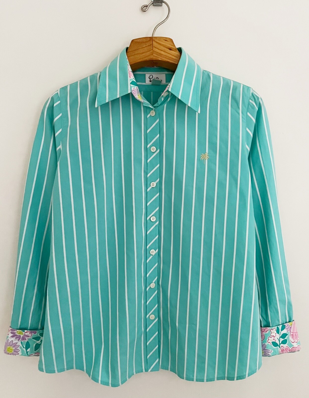 Vtg 90s LILLY PULITZER Shirt Women 10 Button Long Sleeve Teal Stripe Preppy