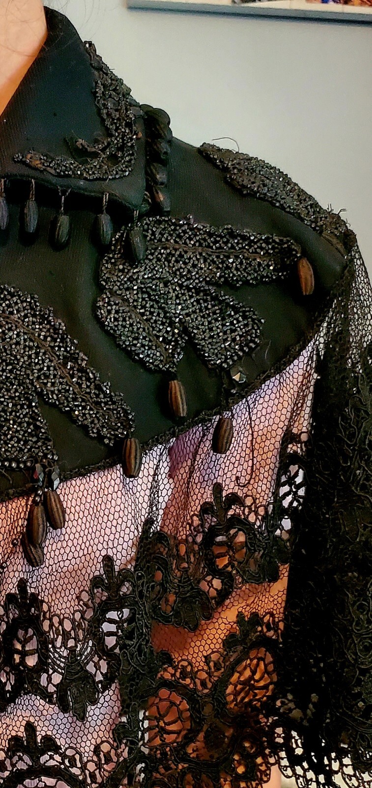 Antique Black Beaded Lace Victorian Edwardian Mourning Cape Capelet Mantel