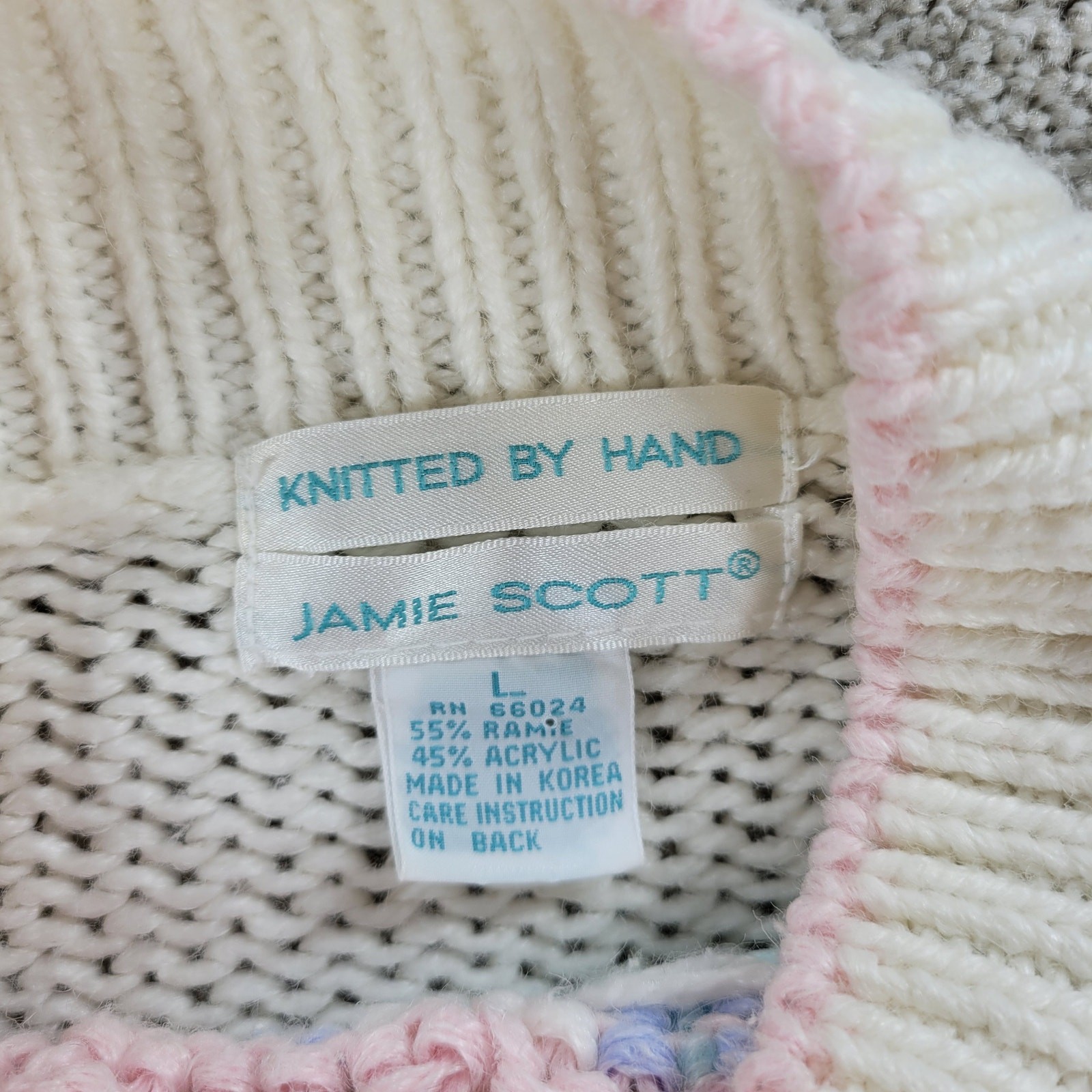 VTG Jamie Scott Sweater Womens L Cream Hand Knit Pastel Ramie Mock Neck 80s