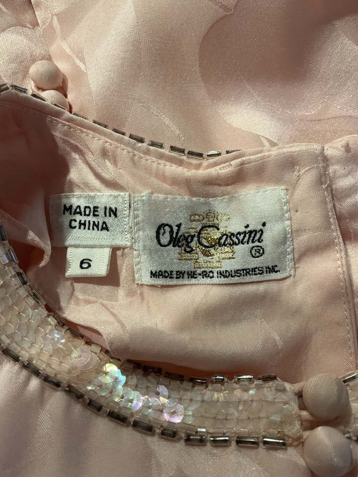 Vintage Oleg Cassini Pink Silk Beaded Cocktail Dress Tulip Jacquard Size 6