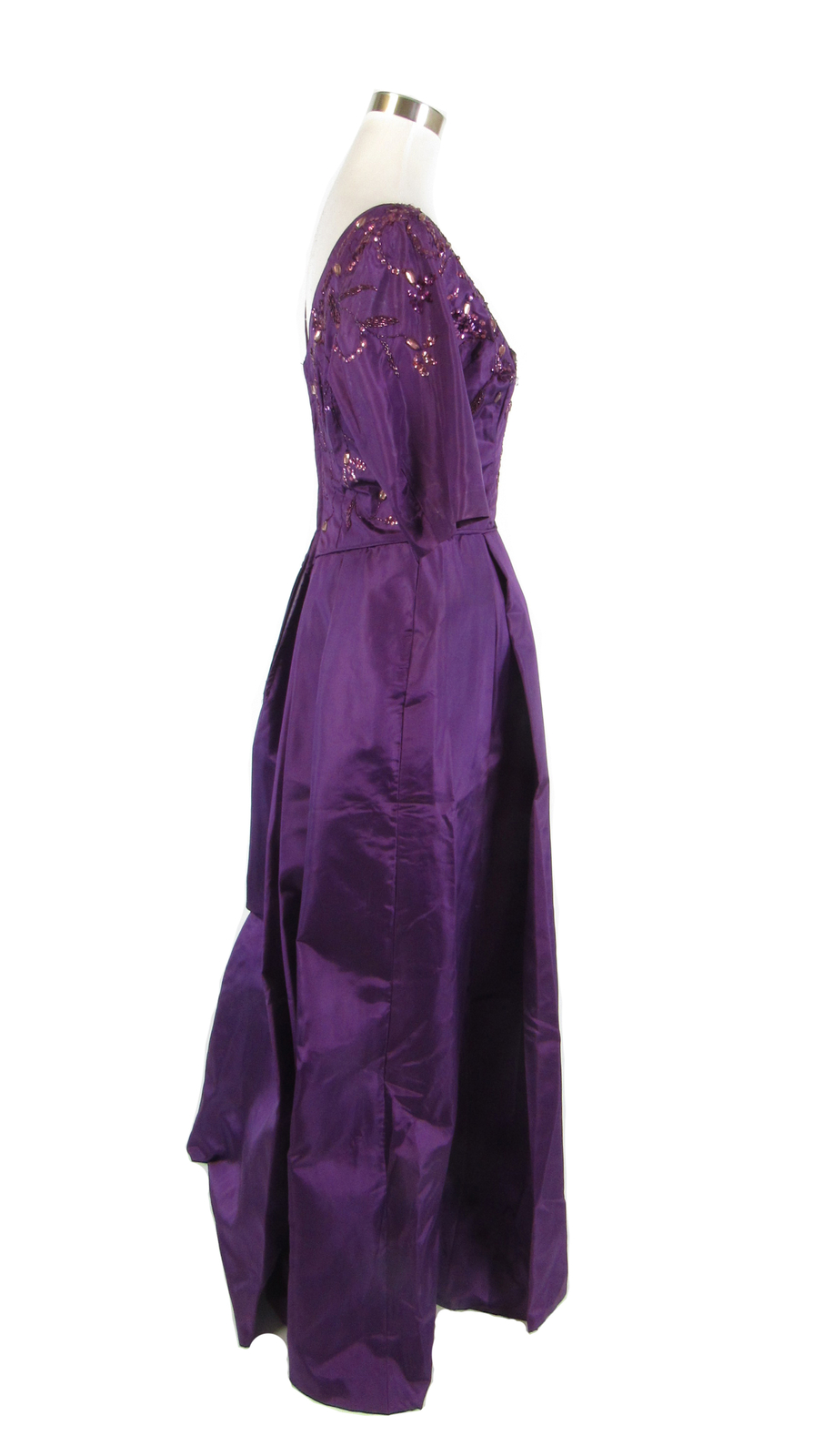 Purple silk 1/2 sleeve sequin trim beaded ball gown vintage dress S
